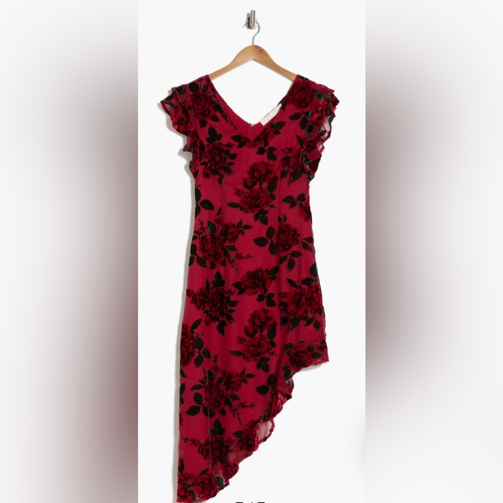 Rachel Parcell Ruffle Asymmetrical High Low Midi Dress | Burnout Rose Deep Red